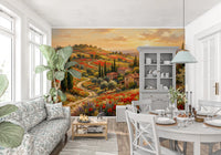 Warm sunset hues fill the dining room through an Italian poppy village wall mural, GD9898