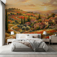 Red poppy field landscape wall mural for residential bedroom interior., GD9898