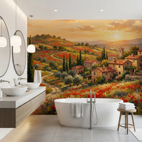Painted Italian village under a warm dusk sky shown in the Tuscan poppy wall mural., GD9898