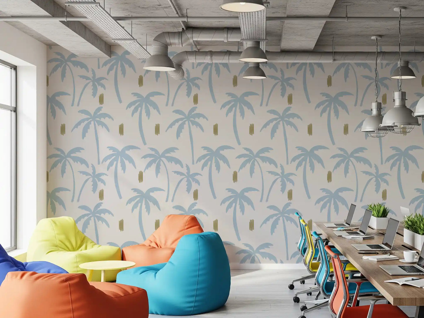 Feature wall covered in light blue palm tree wallpaper with subtle olive marks., GD9900
