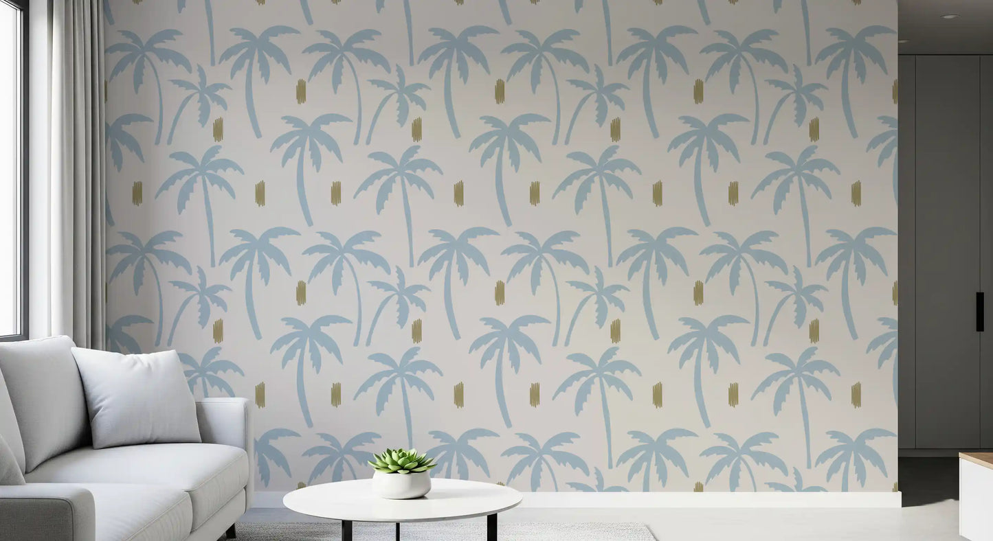 Three palm silhouettes gently leaning across a quiet hallway boho wallpaper., GD9900