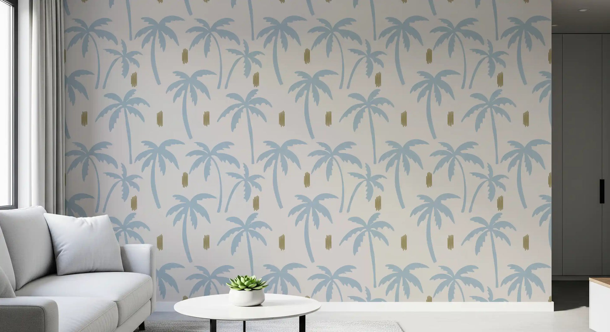 Three palm silhouettes gently leaning across a quiet hallway boho wallpaper., GD9900