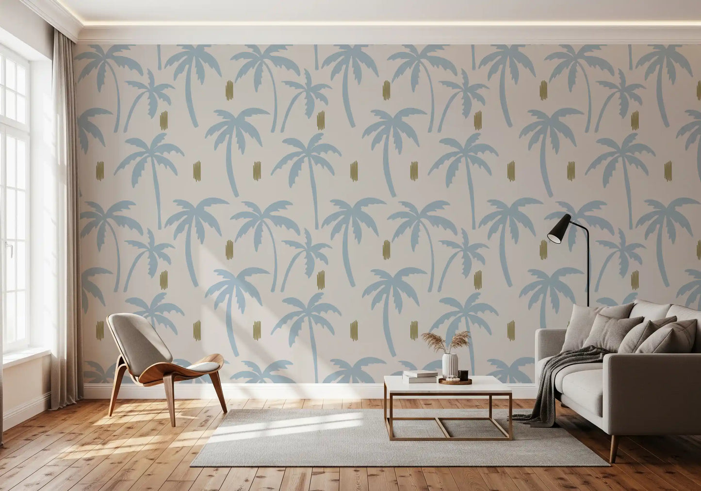 Cream backdrop with gold scribble marks running through a living room palm wallpaper., GD9900