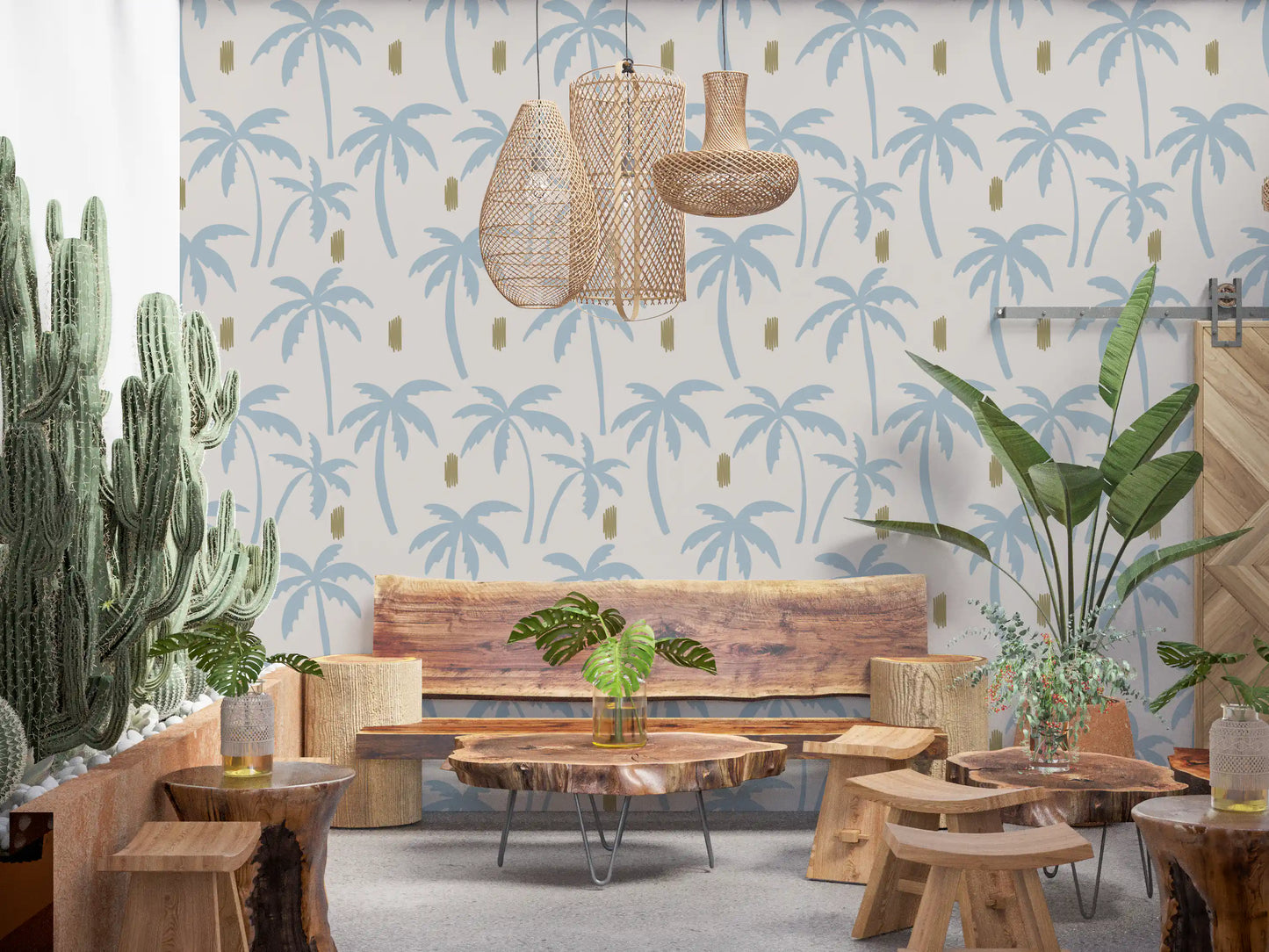 Sun-faded palm tree wallpaper softening the back of a small seating area., GD9900