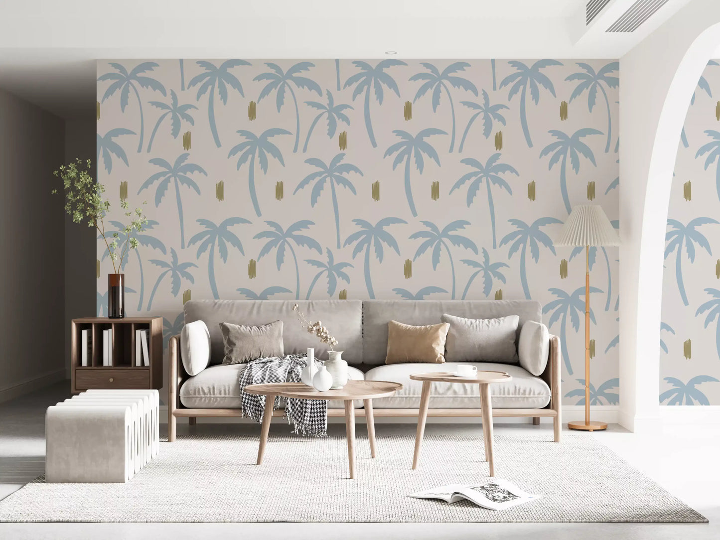Olive scribble accents meeting pale palm wallpaper in a quiet living room., GD9900