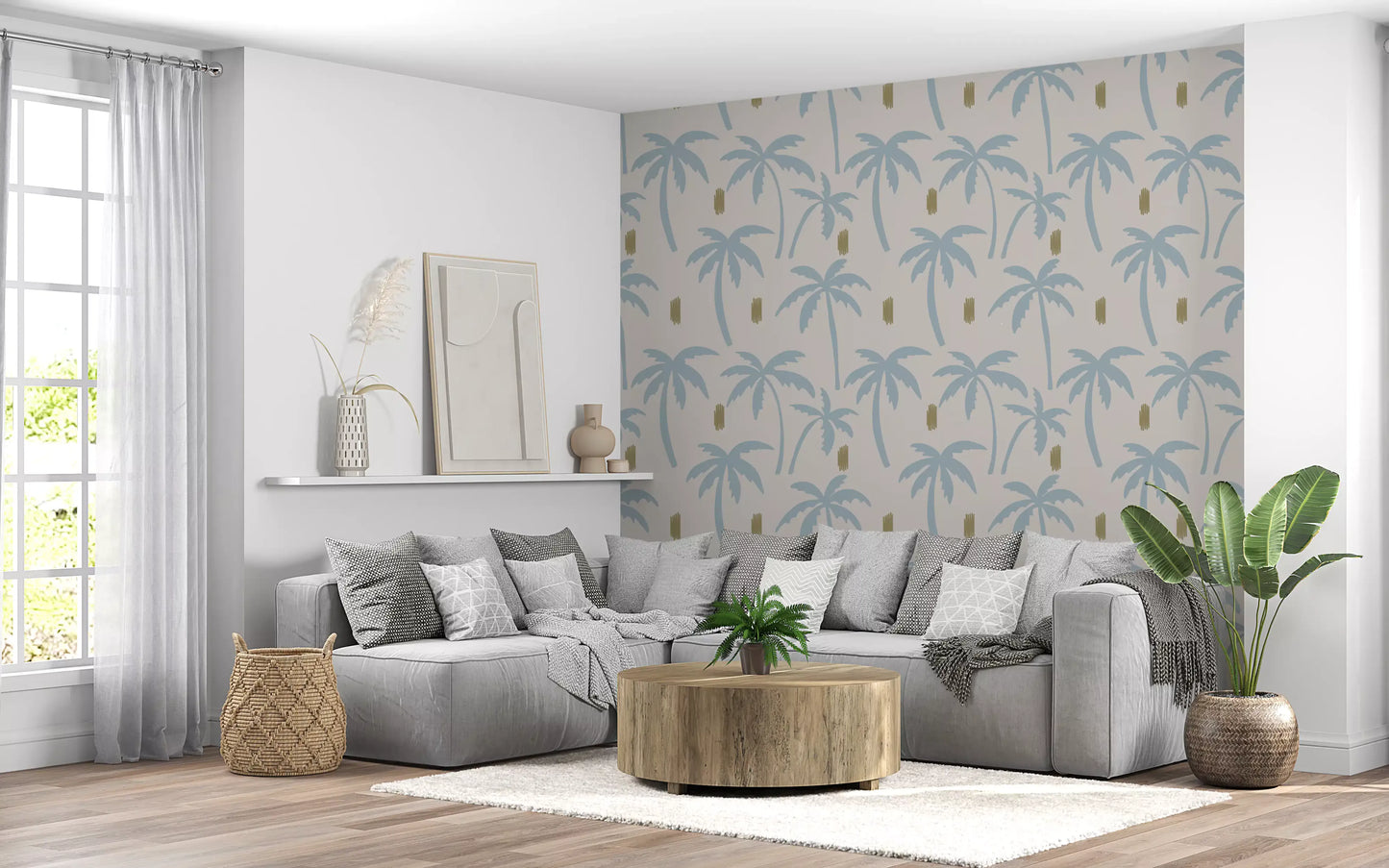 Breezy boho feel from a light blue palm tree wallpaper in a relaxed lounge., GD9900