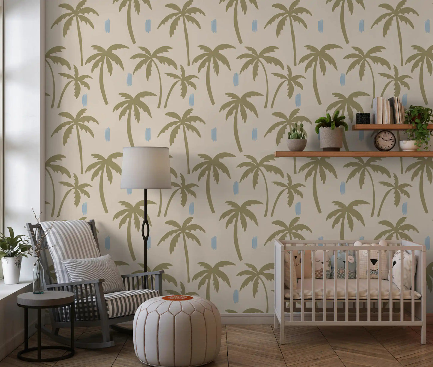 Pale beige base lifts olive palm shapes into focus across this boho coastal wallpaper., GD9901