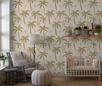 Pale beige base lifts olive palm shapes into focus across this boho coastal wallpaper., GD9901