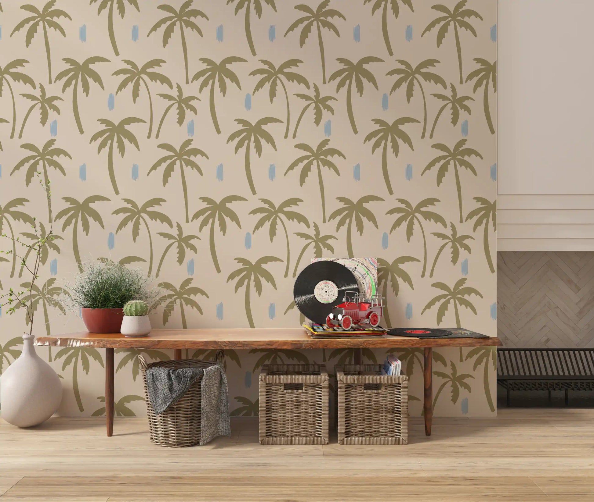 Olive palm trees scattered across cream with blue brushstrokes on this wallpaper, GD9901