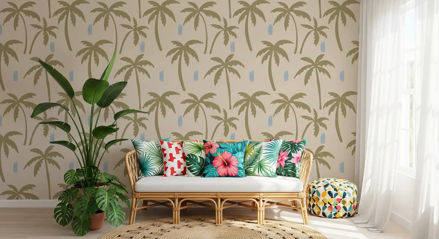 Hallway breathing easy with palm boho coastal wallpaper in olive and cream tones., GD9901
