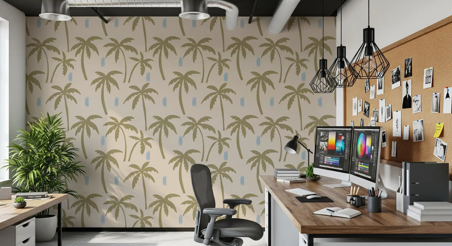 Tall and short palms repeat across the wallpaper with calm cream space between leaves., GD9901