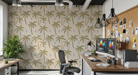 Tall and short palms repeat across the wallpaper with calm cream space between leaves., GD9901
