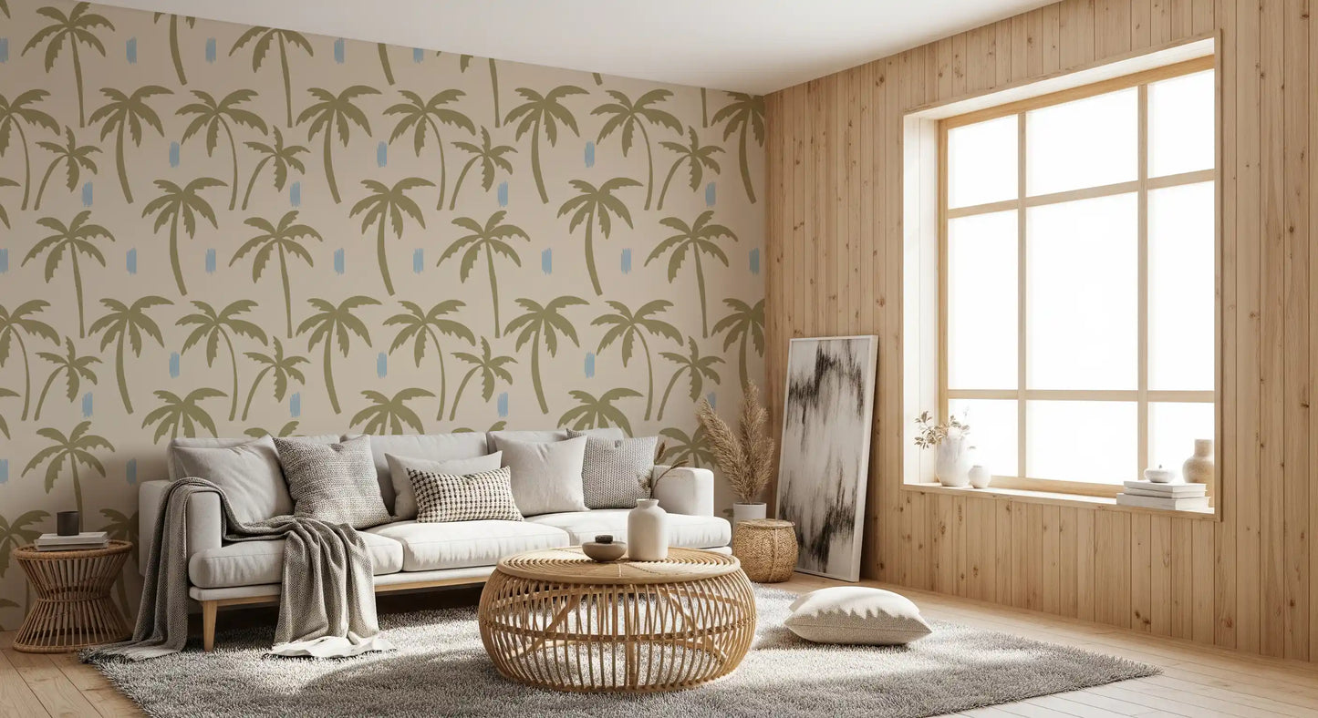 A coastal lounge feel comes through with olive palm tree wallpaper., GD9901
