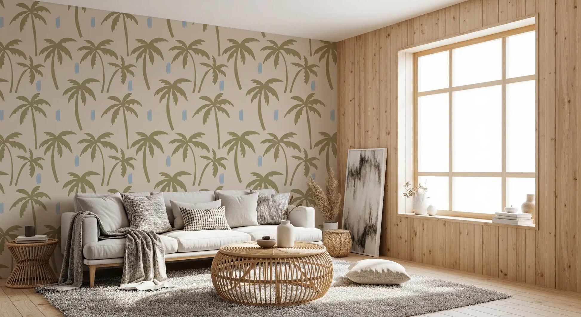 A coastal lounge feel comes through with olive palm tree wallpaper., GD9901