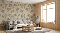 A coastal lounge feel comes through with olive palm tree wallpaper., GD9901