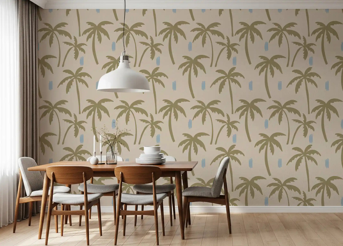Dining area set against olive palm tree wallpaper with subtle blue brushstroke marks., GD9901