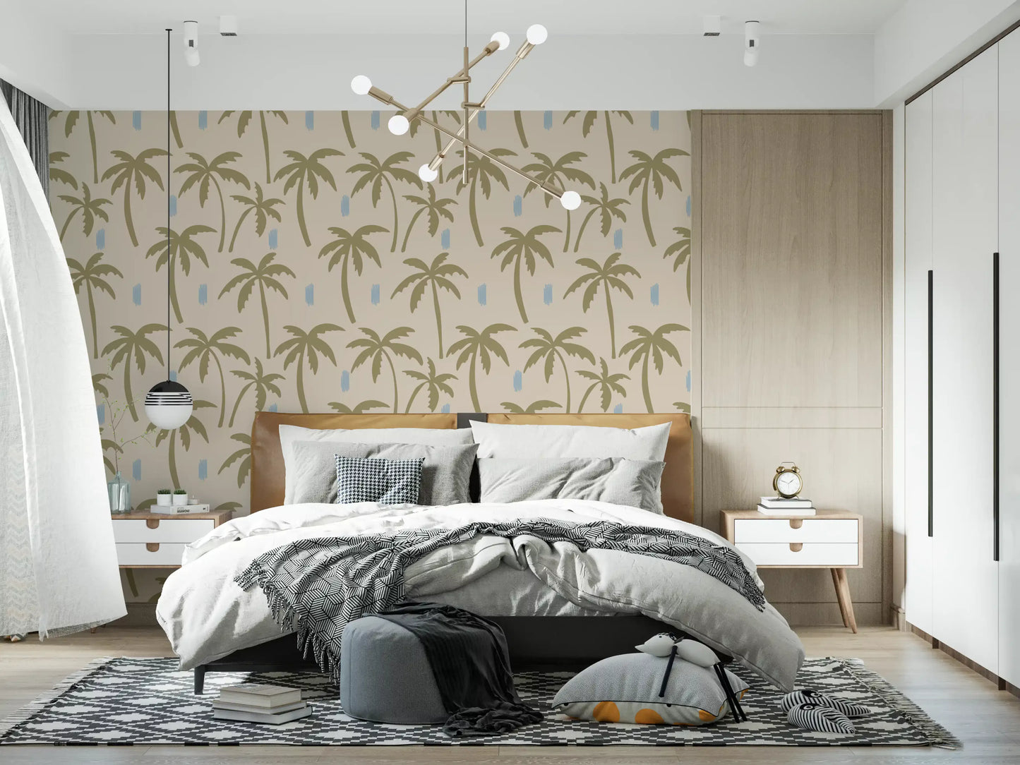 Subtle blue brushstroke accents balance the olive palm tree wallpaper's earthy palette., GD9901