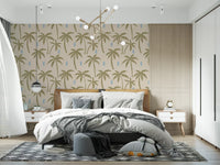 Subtle blue brushstroke accents balance the olive palm tree wallpaper's earthy palette., GD9901