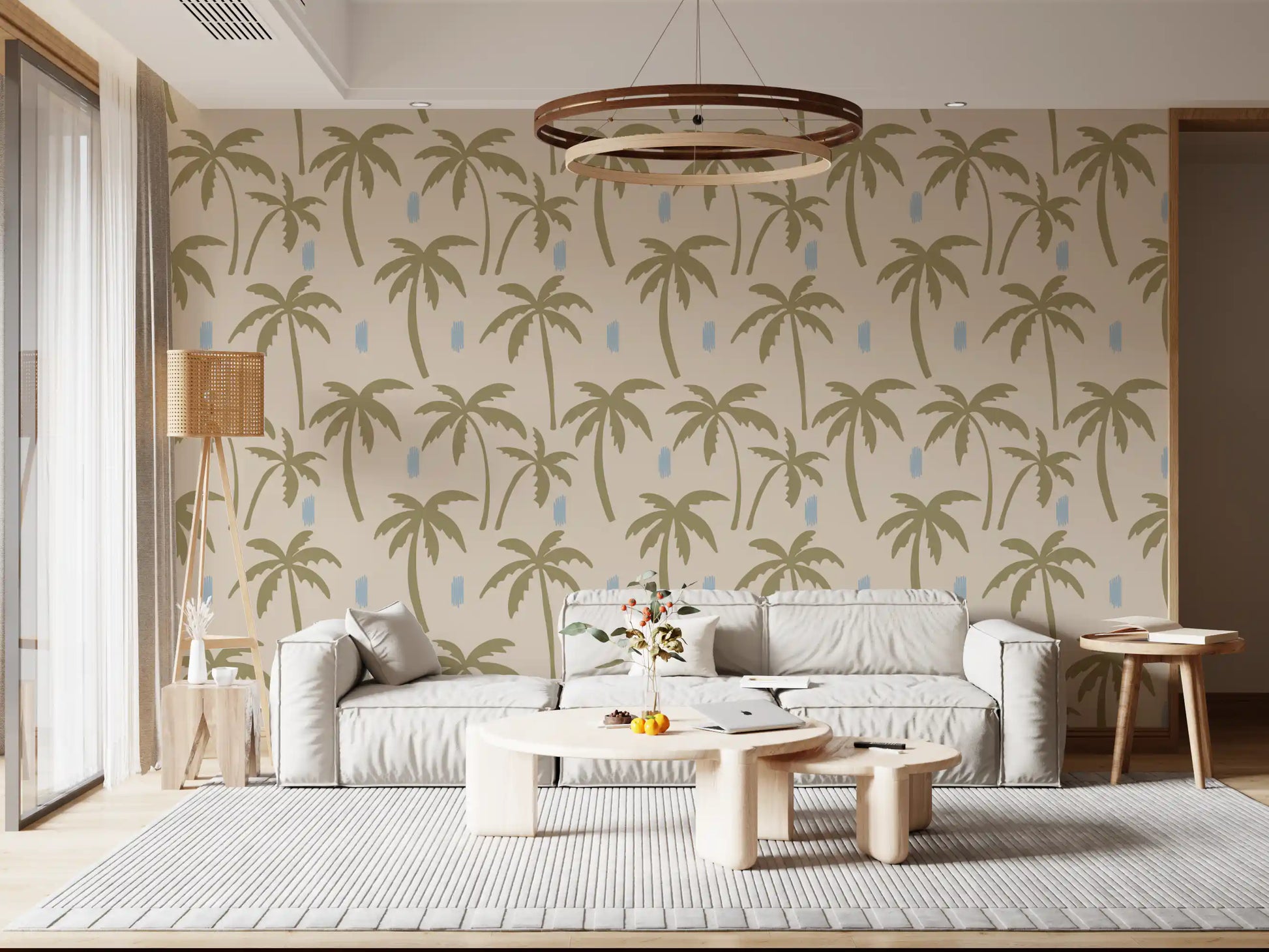 Living room corner softened by olive green palm wallpaper layered on a beige backdrop., GD9901
