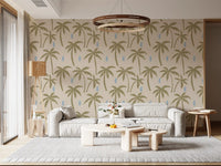 Living room corner softened by olive green palm wallpaper layered on a beige backdrop., GD9901