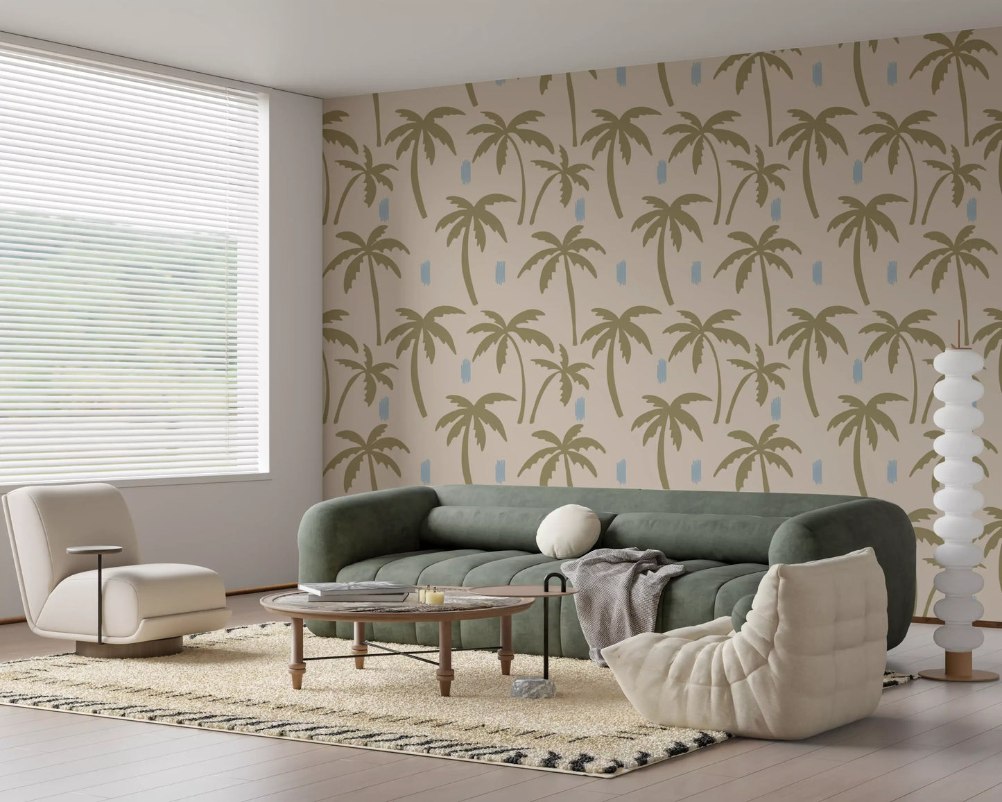 Quiet living room dressed in olive palm tree wallpaper on a cream base., GD9901
