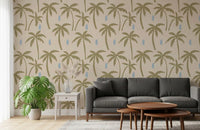 Living room walls carry soft palm silhouettes from boho coastal wallpaper, GD9901