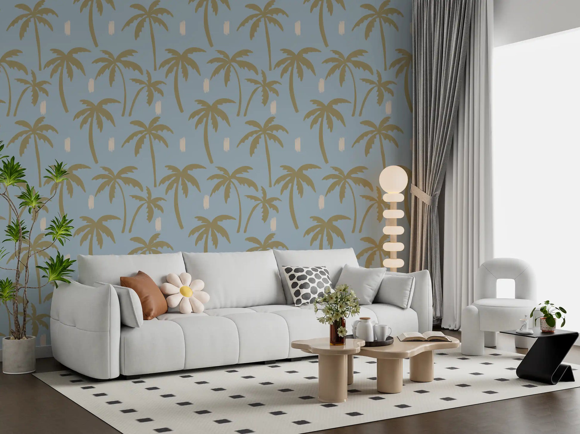 Cream brushstroke accents peek between palm silhouettes in this soft blue wallpaper., GD9902