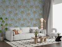 Cream brushstroke accents peek between palm silhouettes in this soft blue wallpaper., GD9902