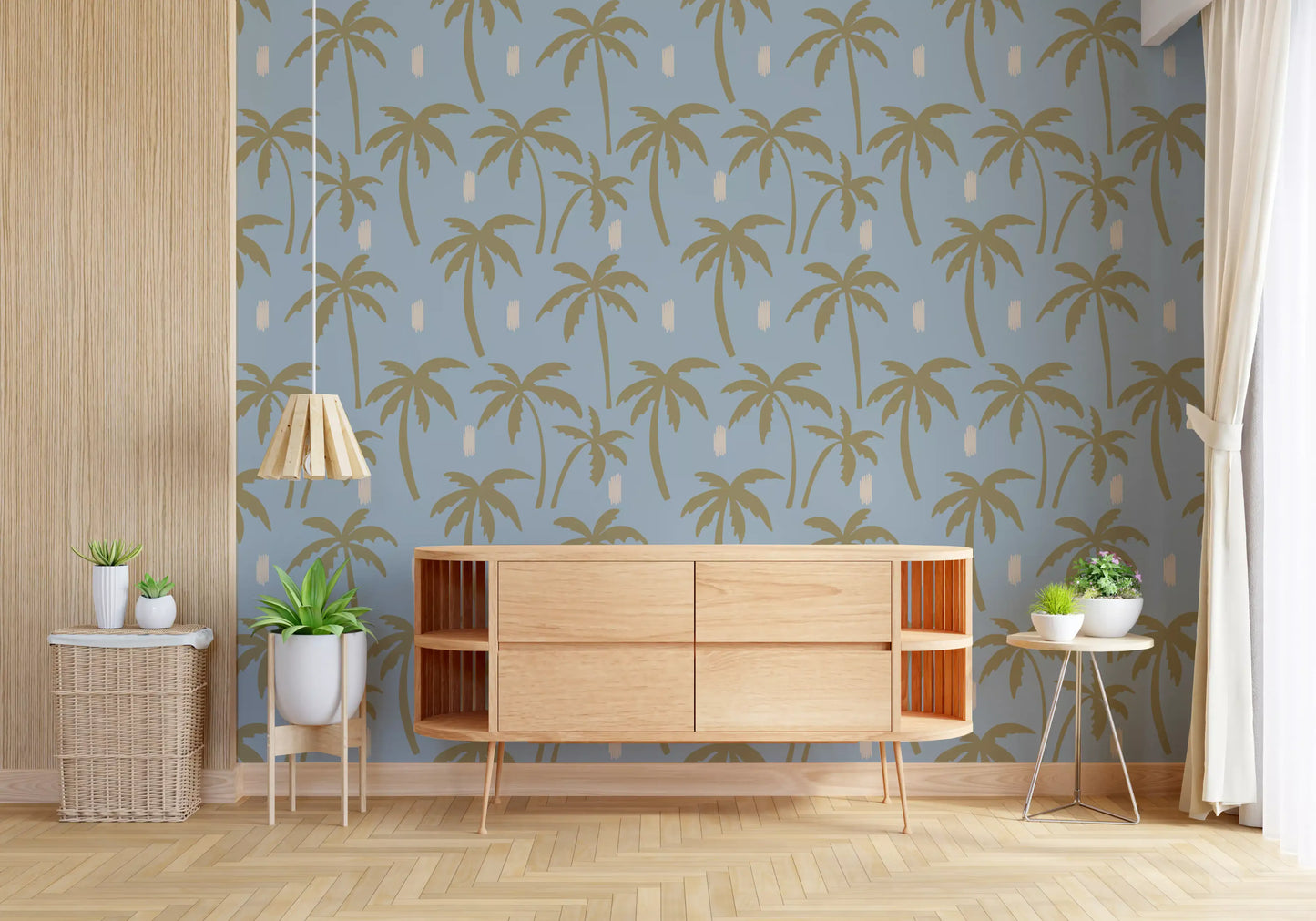 The wallpaper pattern pairs khaki-gold palm trees with a muted sky-blue background., GD9902