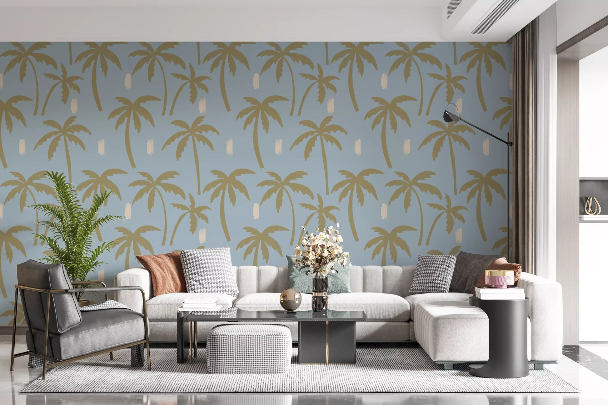 palm tree wallpaper with A breezy soft-blue tone for bright living room., GD9902