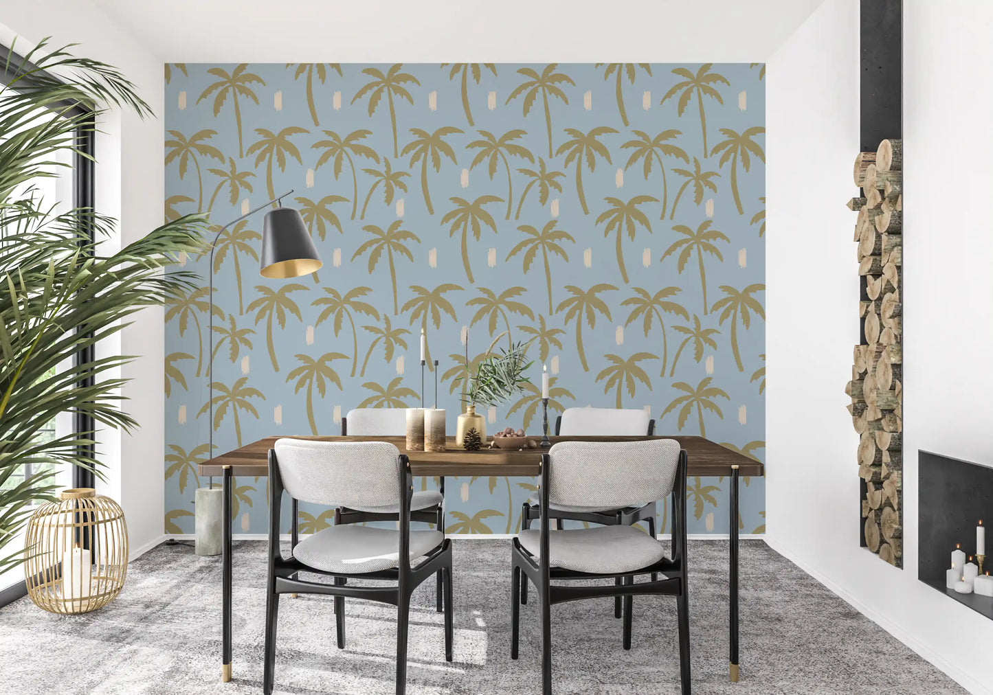 Tall gold palms scatter across a soft blue ground in this boho coastal wallpaper., GD9902