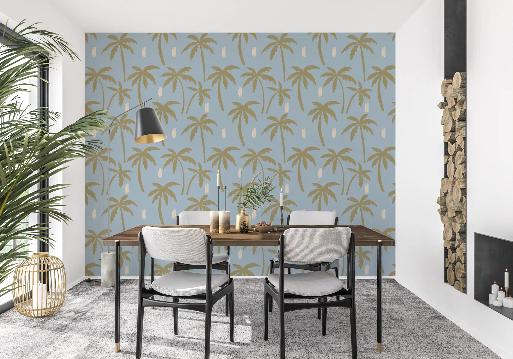 Tall gold palms scatter across a soft blue ground in this boho coastal wallpaper., GD9902