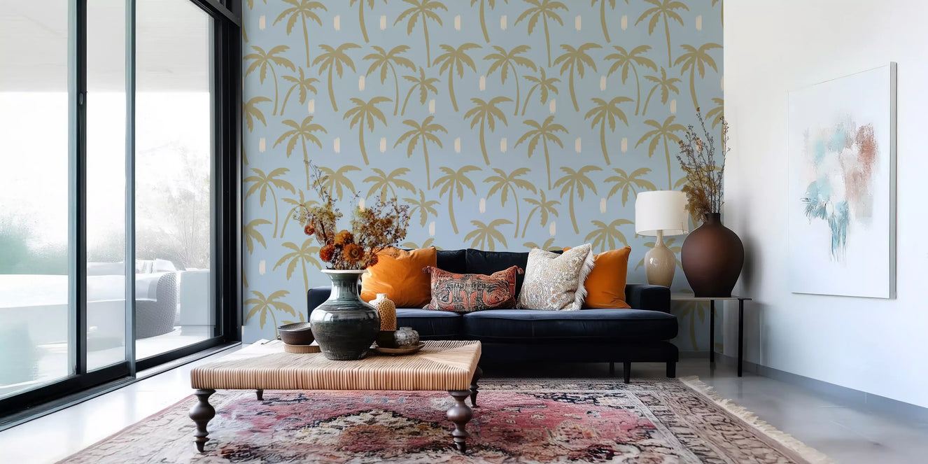 Soft Blue Palm Tree Wallpaper Boho Coastal Wallpaper⁠