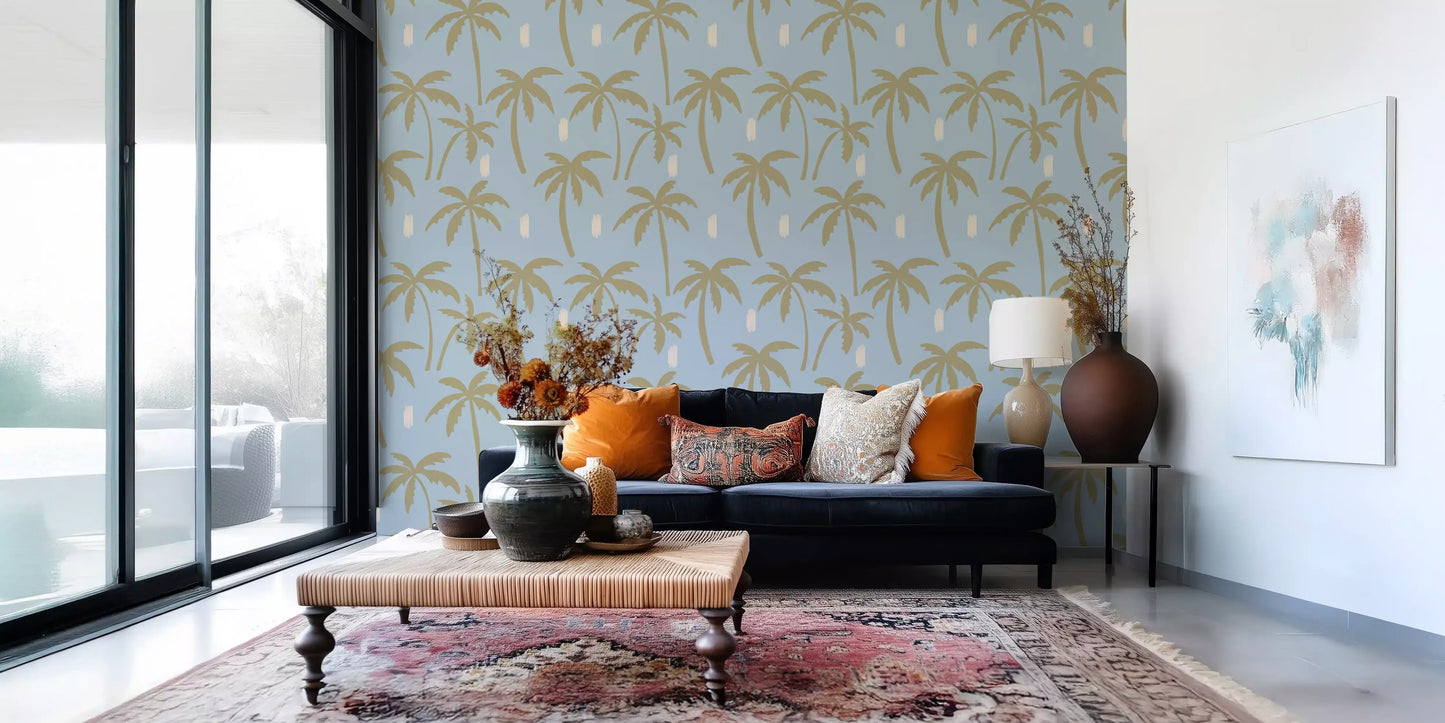 Soft blue palm tree wallpaper sets a calm boho coastal mood in living room., GD9902