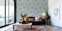 Soft blue palm tree wallpaper sets a calm boho coastal mood in living room., GD9902