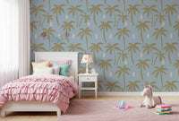 A smooth low-sheen finish keeps colors true in boho coastal palm wallpaper., GD9902