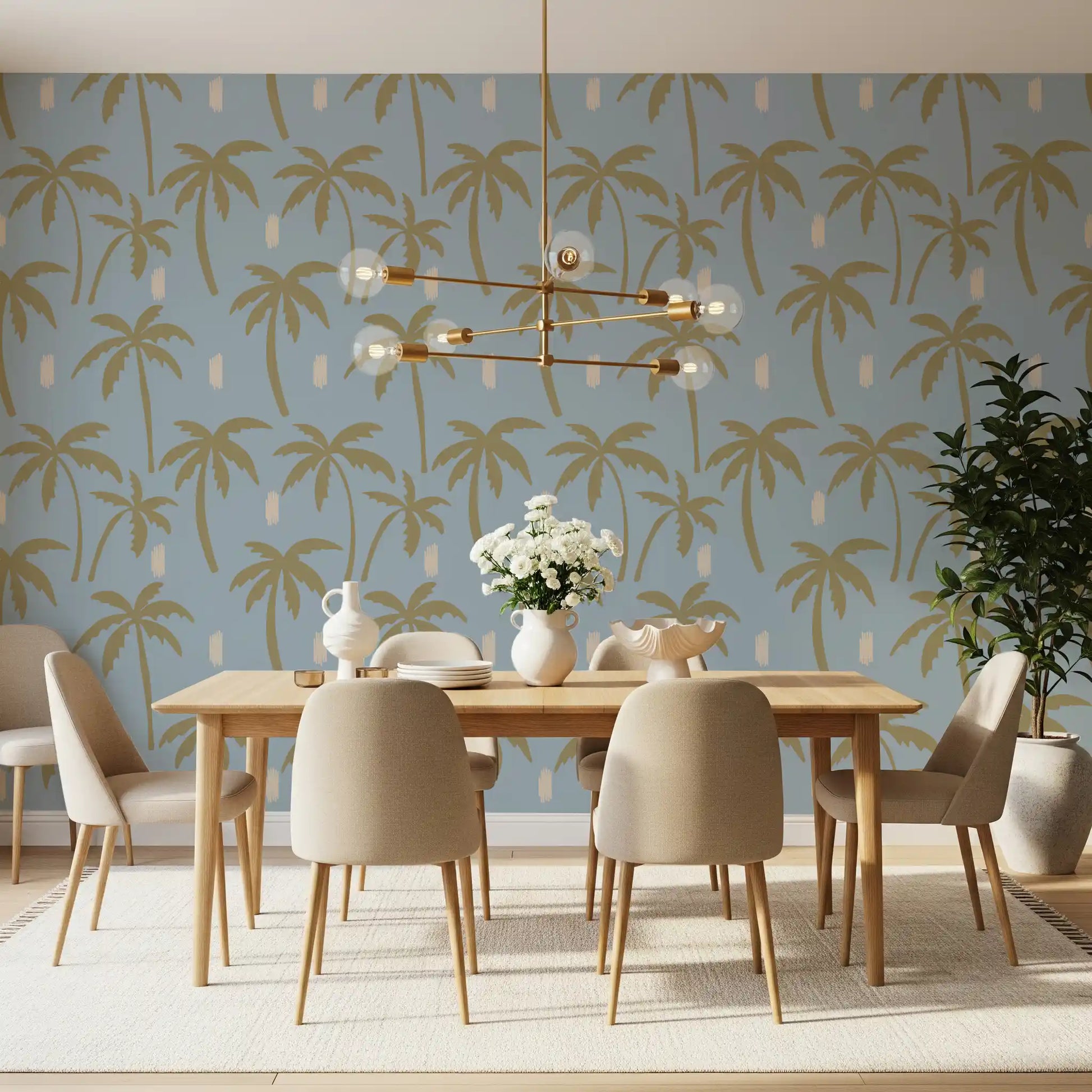 Sun-faded palms drift along the living room in this boho coastal wall mural., GD9902