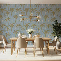 Sun-faded palms drift along the living room in this boho coastal wall mural., GD9902