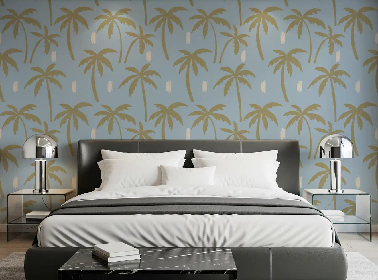 Muted gold palms sway across the bedroom in this boho coastal wallpaper.