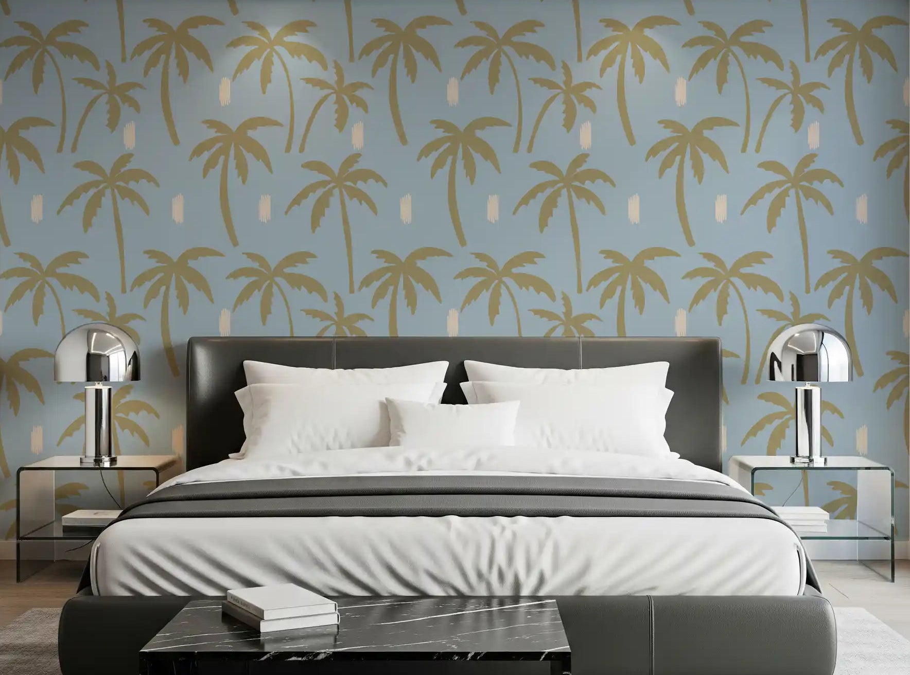 Muted gold palms sway across the bedroom in this boho coastal wallpaper., GD9902