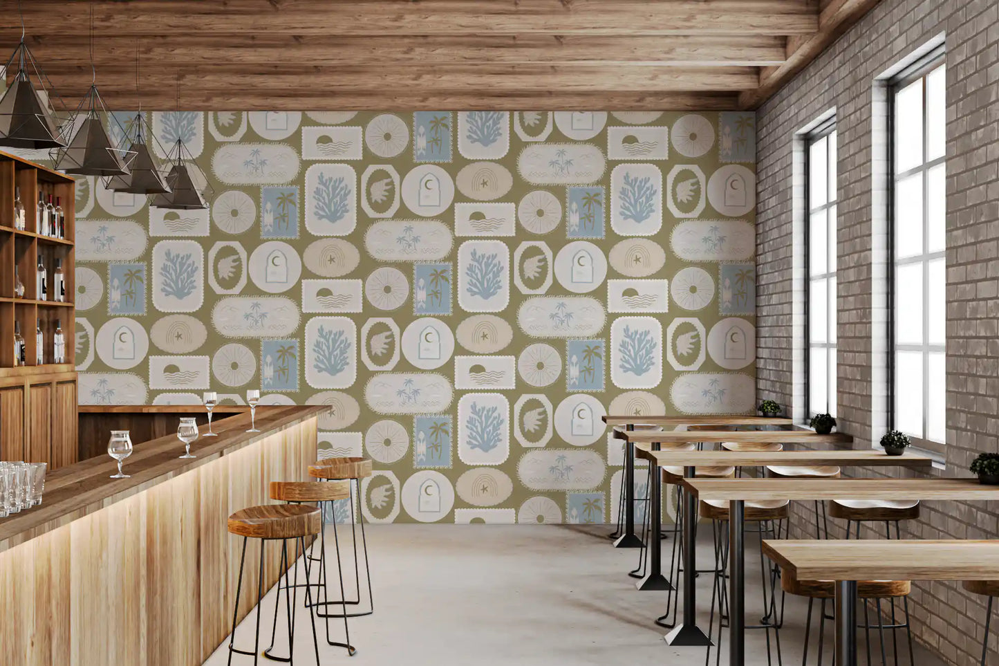 A gentle bar wallpaper holding palms, coral, and shells against olive., GD9903