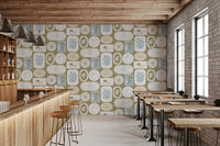 A gentle bar wallpaper holding palms, coral, and shells against olive., GD9903