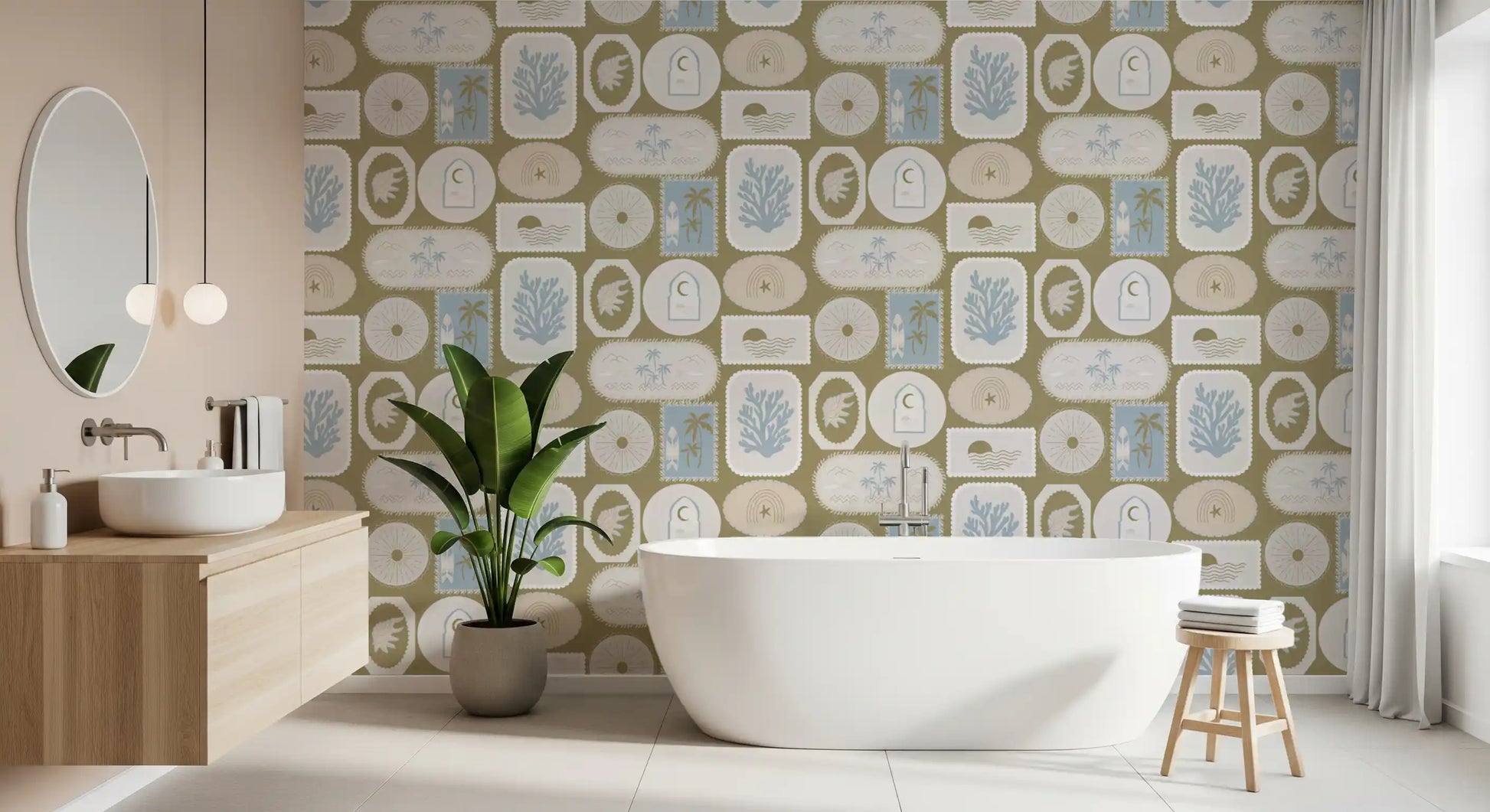 Arched window badges hold crescent moons on this olive coastal wallpaper., GD9903