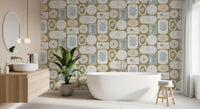 Arched window badges hold crescent moons on this olive coastal wallpaper., GD9903