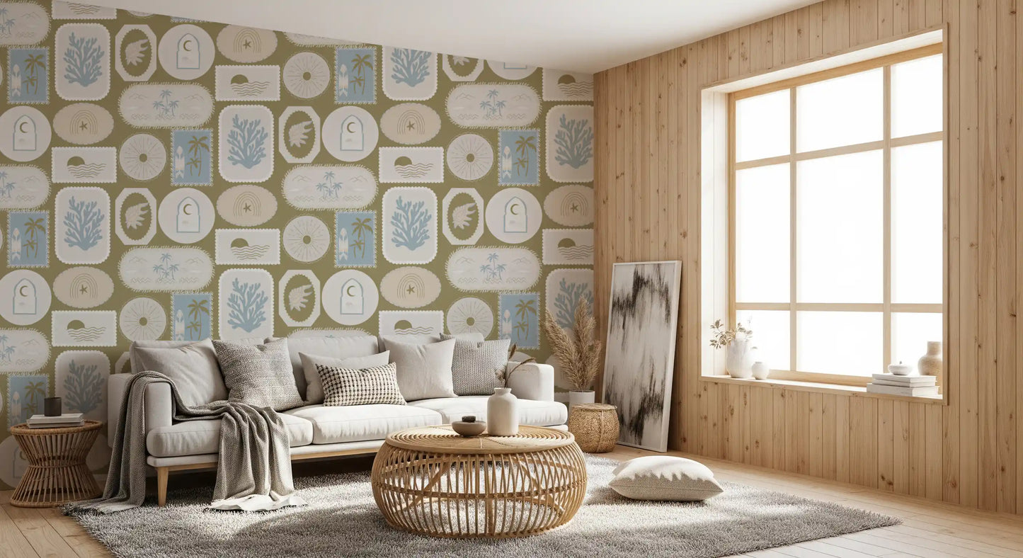 Dusty blue coral fronds rise tall on this olive boho tropical wallpaper., GD9903