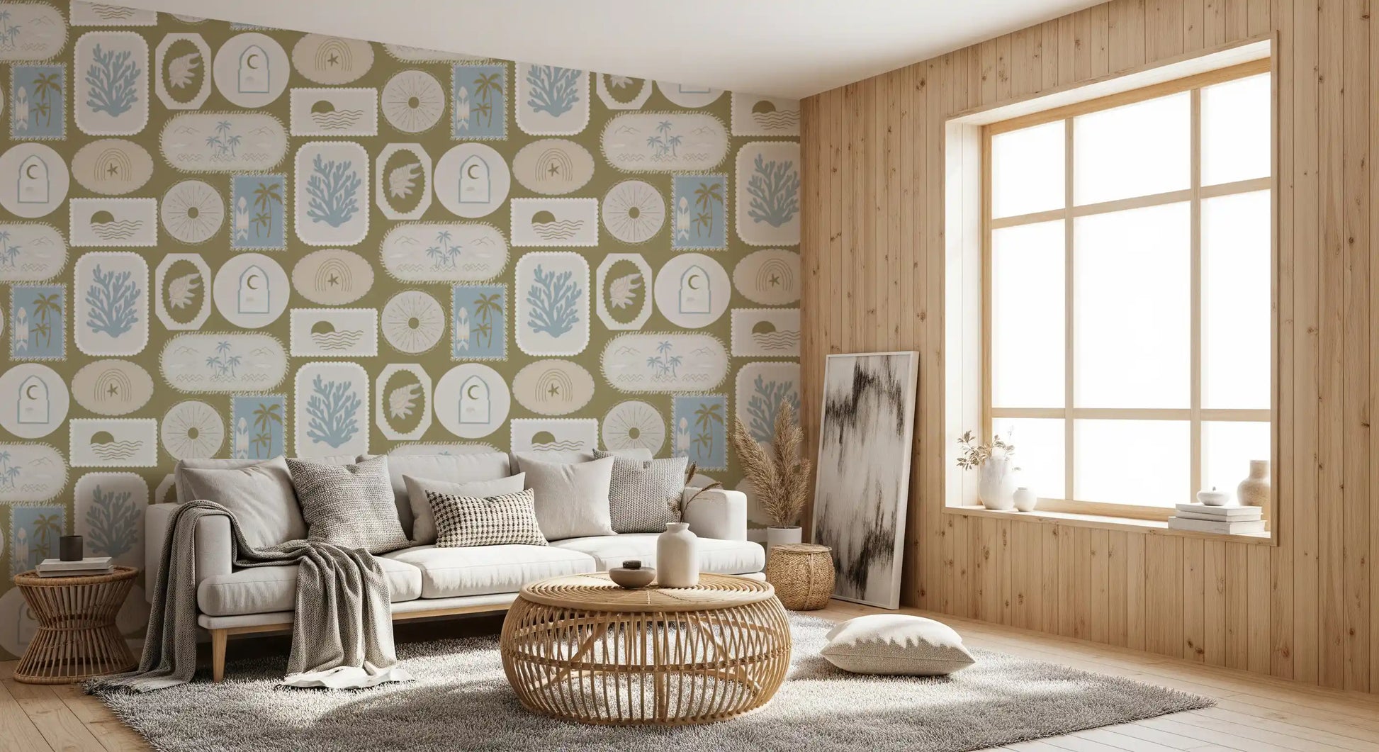 Dusty blue coral fronds rise tall on this olive boho tropical wallpaper., GD9903