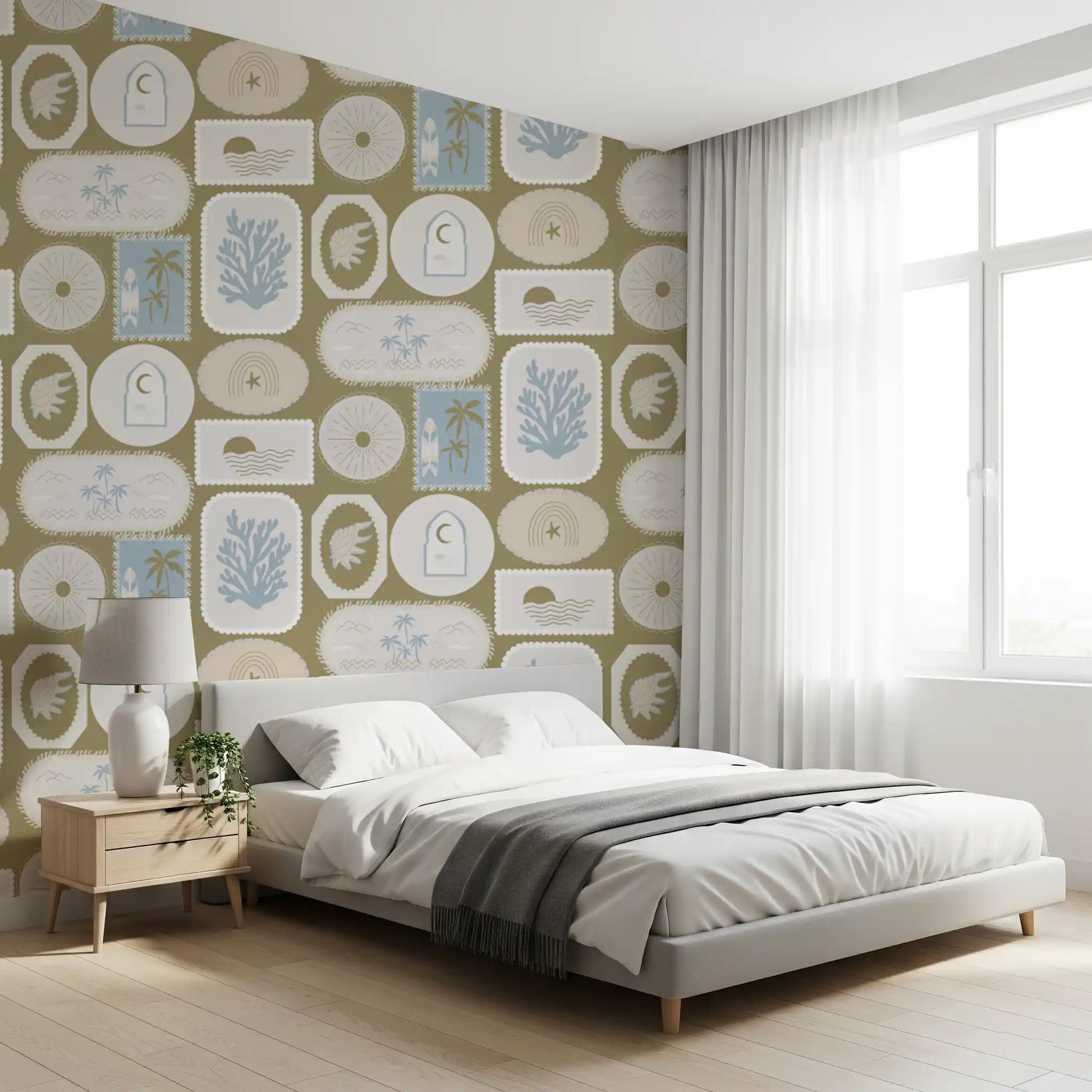 Across a bedroom wallpaper, badge motifs sit calm on warm olive green, GD9903