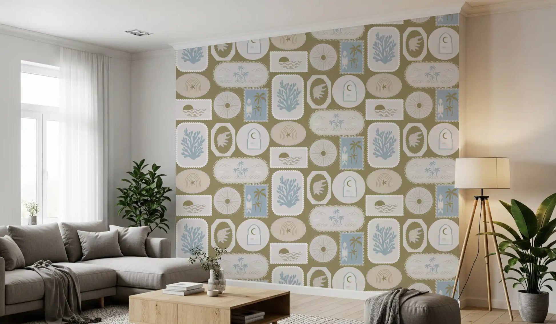 Beaded ovals and fringed rectangles edge every olive boho wallpaper badge., GD9903