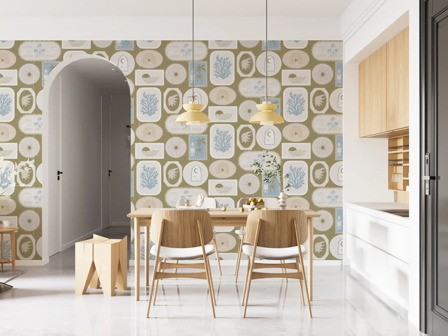 Stamp badges line up steadily olive wallpaper for bright dining room., GD9903