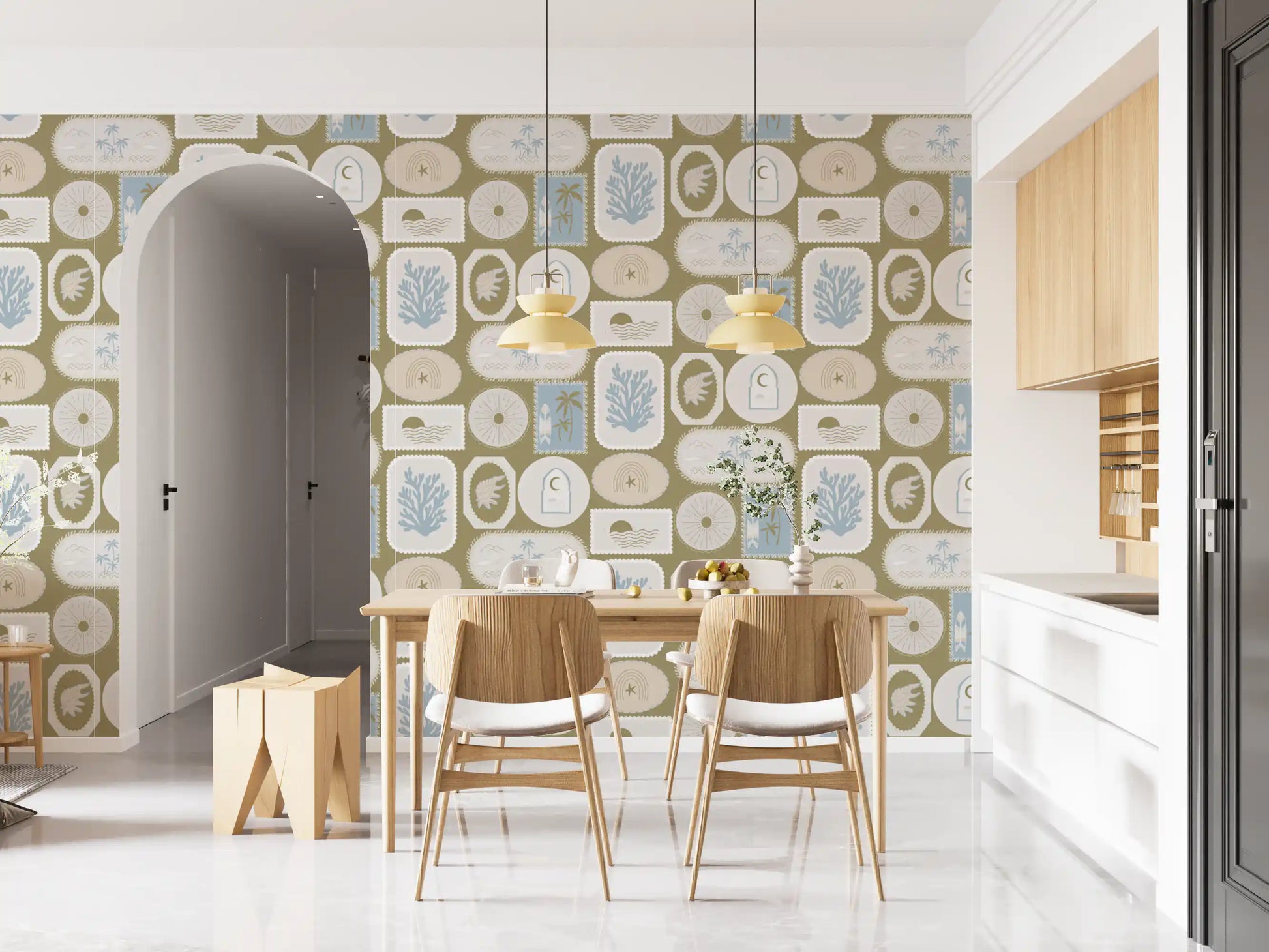 Stamp badges line up steadily olive wallpaper for bright dining room., GD9903